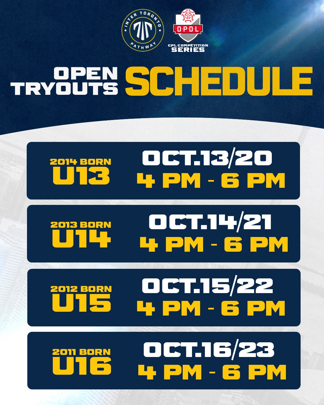 OPDL Open Tryouts schedule — U13 to U16