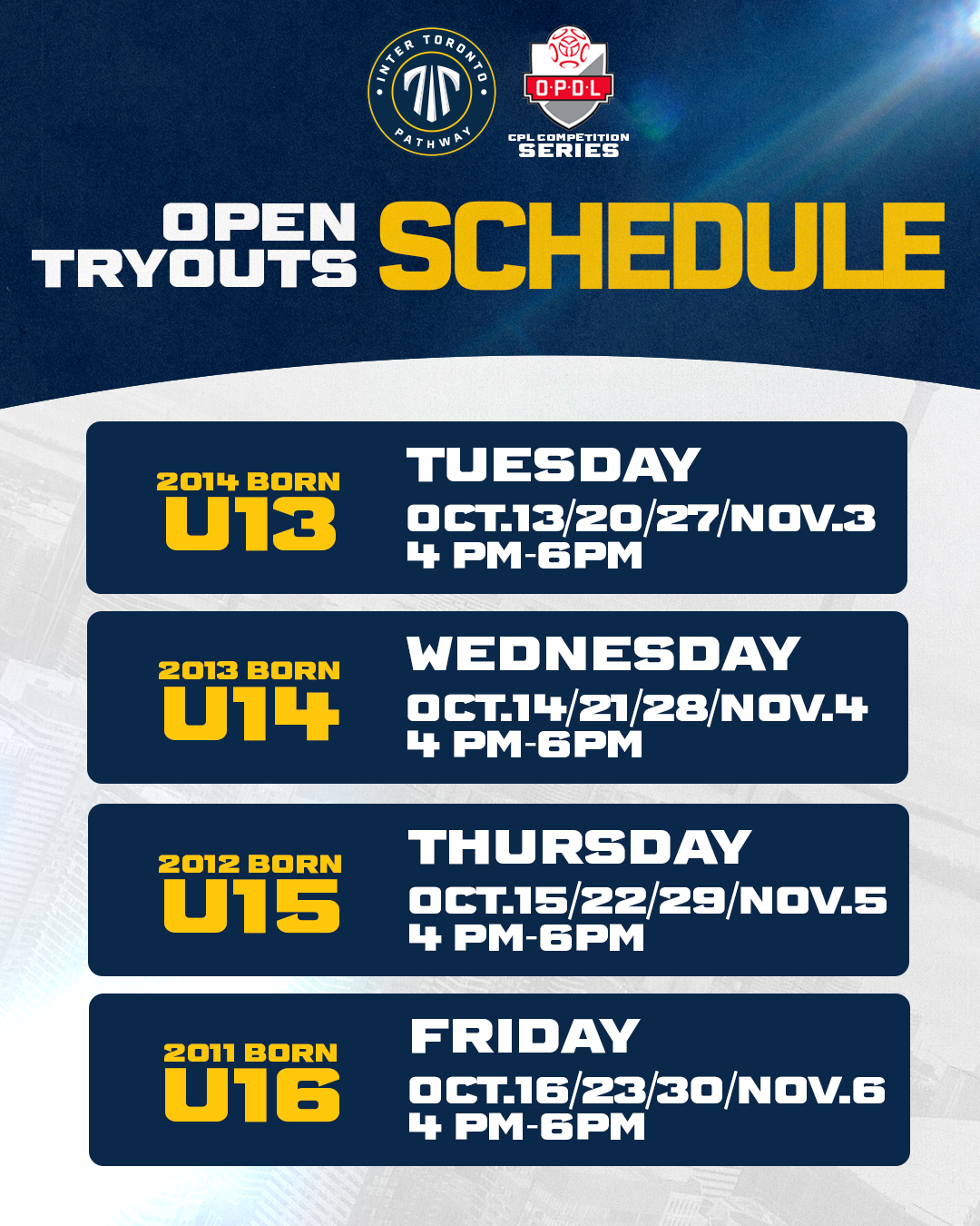 OPDL Open Tryouts schedule — U13 to U16